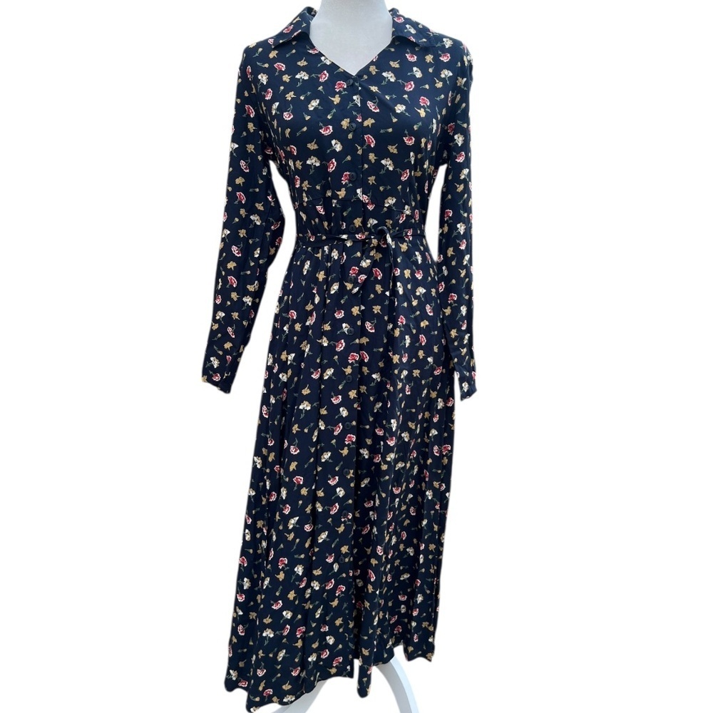 Vintage Eddie Bauer Navy Floral Maxi Dress Small Belted Waist Prairiecore
